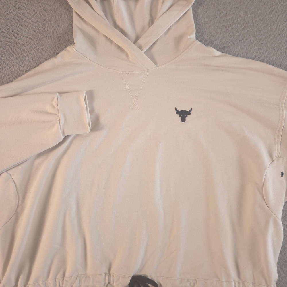 Under Armour Hoodie Womens XL Beige Project Rock French Terry Bull Logo Pullover